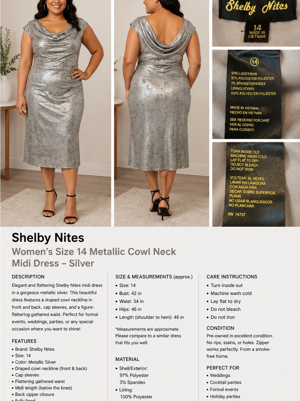 Shelby Nites Women’s Metallic Silver Cocktail Dress – Size 14 Preowned